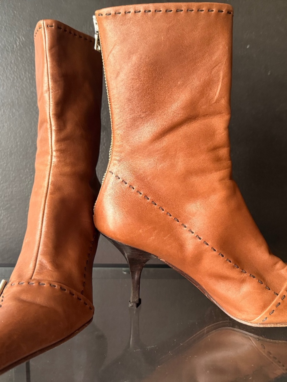 Prada Vintage Brown Leather Stitched Buckle Boot Heels 38.5